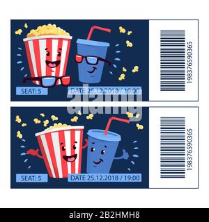 Flat illustration cinema tickets with cartoon movie popcorn and soda Stock Vector