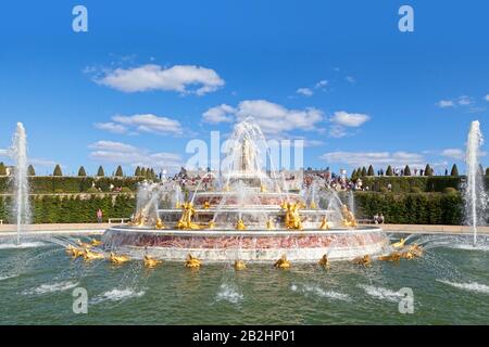 Versailles, France - August 20 2017: Located on the east-west axis just west and below the Parterre d’Eau, is the Bassin de Latone. It is the first fo Stock Photo