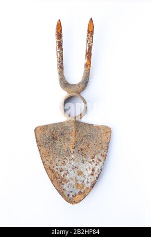 studio shot of weathered hoe full of working rests on white background Stock Photo