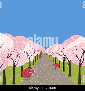 Springtime concept. Cherry blossom trees alley city garden Stock Vector