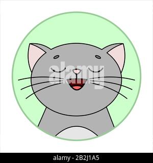 Cute Joyful Cat, Round Icon, Emoji. Gray Cat With Whiskers Smiles, Eyes Closed. Vector Image Isolated On A White Background. Stock Vector