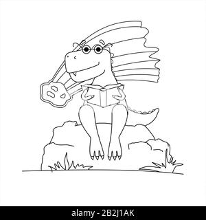 Contoured Dinosaur In Glasses Is Reading A Book. Smart Dinosaur On Background Of Falling Meteorite. A Tyrannosaurus With Glasses Sits On a Stone With Stock Vector