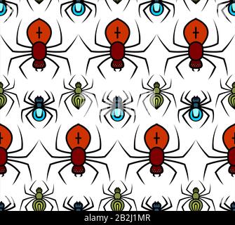 Vector Seamless Pattern Of Spiders In Different Sizes And Colors. Pattern For Halloween, Decoration, Wrapping Paper, Greeting Card, Fabric, Textile, B Stock Vector