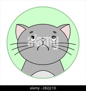 Cute Naughty, Grumpy Cat, Round Icon, Emoji. Perplexity, Discontent. Gray Cat With A Mustache Unhappy, Vector Image Isolated On A White Background. Stock Vector