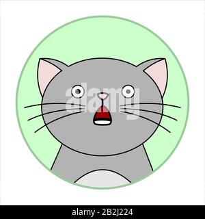 Cute Shocked Cat, Round Icon, Emoji. Gray Cat With Whiskers, With A Mouth Open From Shock, Round Eyes. Vector Image Isolated On A White Background. Stock Vector