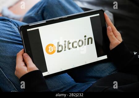 Bordeaux , Aquitaine / France - 11 30 2019 : bitcoin logo sign screen tablet cryptocurrency network concept Stock Photo