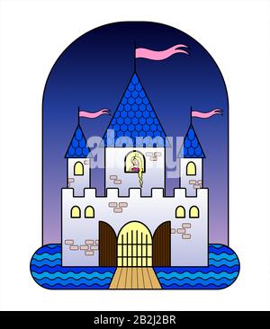 Fairytale Castle With Three Towers, With a Princess, With Flags, Gates, Moat, Drawbridge. Fairytale Castle For Girls. A Sad Princess With Long Hair is Stock Vector