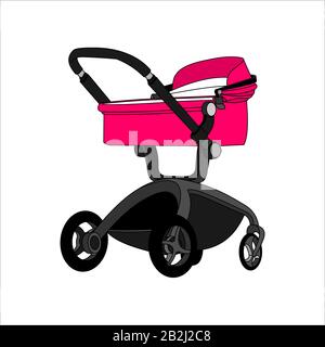 Preambulator, Pram, Baby Buggy, Go-cart, Baby Carriage, Pusher, Carriage, Stroller, Pushchair For Girl. Modern flat Vector Image Isolated on white bac Stock Vector