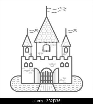 Fairytale Castle With Three Towers, With Flags, Gates, Moat, Drawbridge. Outline Vector Image. For Children's Coloring Book. The Contour Of A Medieval Stock Vector