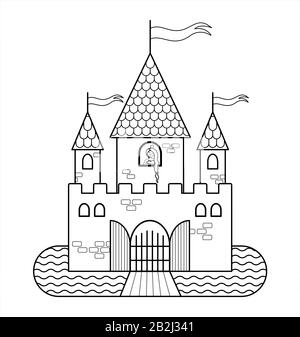 Fairytale Castle With A Princess, With Three Towers, With Flags, Gates, A Moat, Drawbridge. Outline Vector Image For Children's Coloring. The Contour Stock Vector