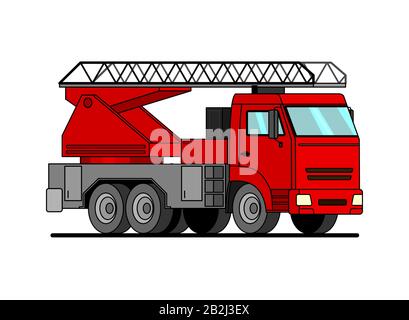 Cartoon red fire truck with ladder car sticker for boys. Flat vector illustration of water engine car for scrapbook, for textiles. Cartoon car. Stock Vector