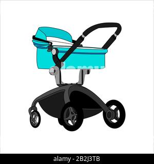 Preambulator, Pram, Baby Buggy, Go-cart, Baby Carriage, Pusher, Carriage, Stroller, Pushchair For Boy. Modern flat Vector Image Isolated on white back Stock Vector