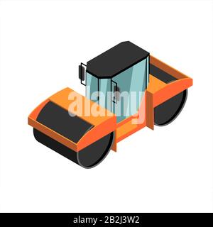 vector isometric road roller; 3D road equipment Stock Vector