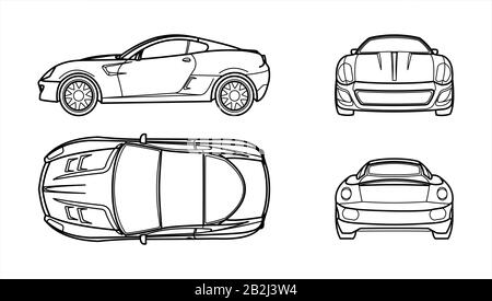 Outline Vector Car On A White Background, Line Art, All Views, Four Views, Side; Front; Back; From Above; Top. Fast Racing Car Template For Advertisin Stock Vector