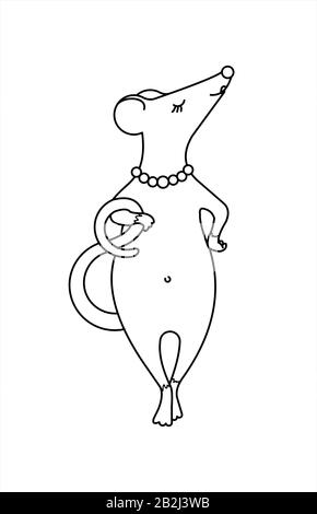 The Rat Is A Girl. An Important Rat With A Necklace Of Beads. Fashionable Mouse. Symbol Of 2020. Vector Illustration. For Coloring Book Page. Stock Vector