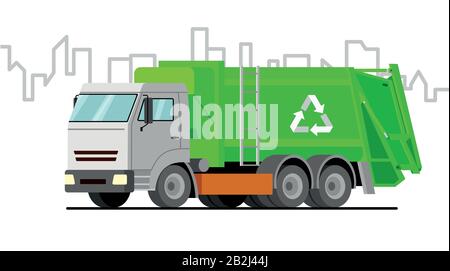 garbage truck; vector green garbage truck on city background. Stock Vector