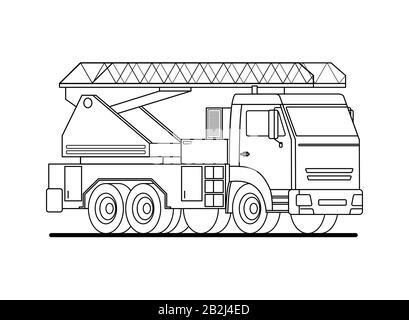 Cartoon contour fire truck with a car ladder. Flat vector illustration of car engine for coloring book. Stock Vector