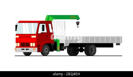 Commercial truck crane. Modern mobile hydraulic car crane on a white background. Vector Truck crane with red cab for the transport of goods. Stock Vector