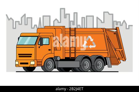 garbage truck; vector orange garbage truck on city background. Stock Vector