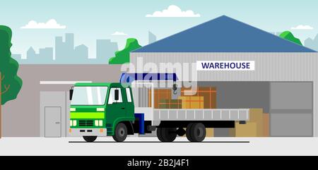 Commercial truck crane. Modern mobile hydraulic vehicle crane for transporting goods against the background of a warehouse. Vector Truck crane with gr Stock Vector