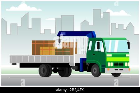 Commercial truck crane. Modern mobile hydraulic vehicle crane for the transport of goods against the backdrop of the city. Vector Truck crane with a g Stock Vector