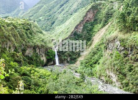 30M High Waterfall Near Banos Ecuador Proposal Pure Bathing Place And Rock Climbing Stock Photo