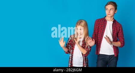 Little Siblings Boy And Girl Making Refusal Gesture, Feeling Disgust Stock Photo