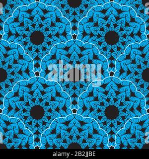 Seamless pattern of blue flower ornament on black background. Vector image Stock Vector