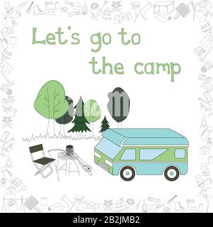 Vector illustration. Set of isolated objects on the theme of camping, outdoor activities, nature. Hand drawn. Cartoon style. Great for greeting card, Stock Vector