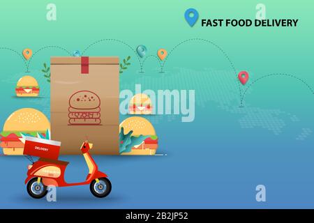 Concept of fast food delivery, Scooter is in the front of the big hamburger and packaging paper in the background of map and route of the shipments. Stock Vector