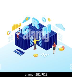 CRM servers isometric vector illustration. Customer relationship management software, Saas isolated 3d concept. Managers working with client database Stock Vector