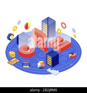 CRM server isometric vector illustration. Customer relation management software. Client database and business automation digital technology. Ecommerce Stock Vector