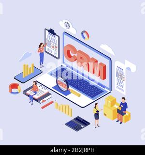 CRM software isometric vector illustration. Customer, client relationship management system. Company kpi, erp optimization 3d concept. Marketing Stock Vector