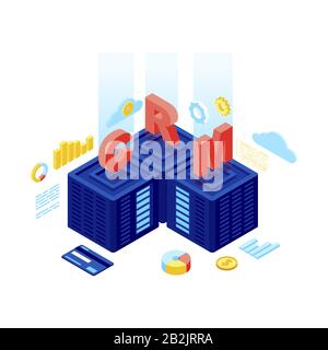 CRM system isometric vector illustration. Customer relationship management software. CRM server, database, Saas. Client data storage and analytics Stock Vector
