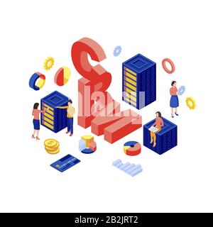 CRM database isometric vector illustration. Client data storage, marketing automation software 3d concept isolated on white background. Ecommerce Stock Vector