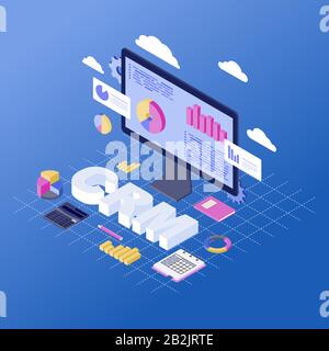 CRM software isometric vector illustration. Client data analytics and storage. Customer relationship management service, platform. Business automation Stock Vector