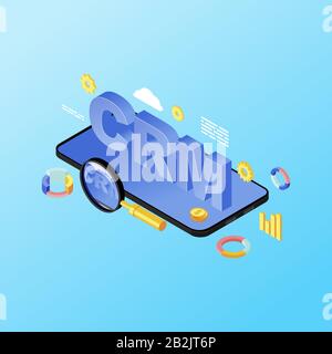 Smartphone CRM system app isometric illustration. Customer relationship management mobile application, software. Sales metrics, client data analysis Stock Vector