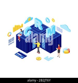 CRM hosting isometric vector illustration. Customer relationship management software 3d concept isolated on white background. Managers working with Stock Vector