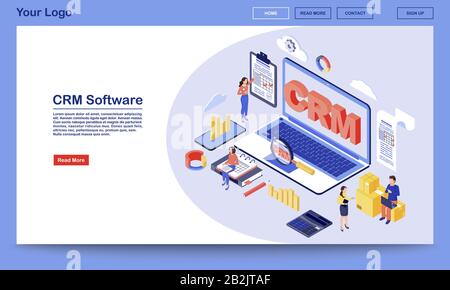 CRM software isometric landing page vector template. Working process, workflow organization and optimization service website interface. Customer Stock Vector