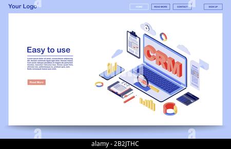 CRM system isometric landing page template. Customer retention software and digital client database service website interface. Business and marketing Stock Vector