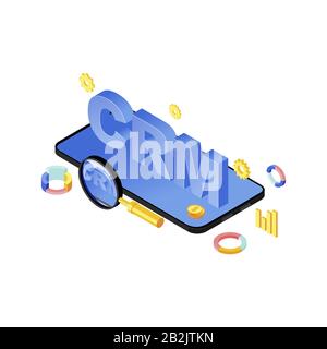 Mobile CRM system app isometric vector illustration. Customer relationship management smartphone application, software. Sales statistics, client data Stock Vector