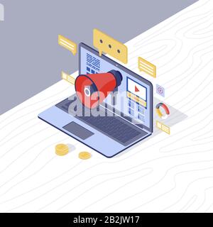 Digital marketing strategy isometric vector illustration. Inbound & content marketing 3d concept. Media audience attraction. PR campaign, online Stock Vector
