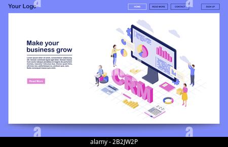 CRM for business growth isometric landing page vector template. Client data analysis, marketing statistics. Customer management automation website Stock Vector