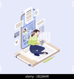 Content marketing isometric vector illustration. SMM manager, content writer, copywriter creating social media post. Copywriting, digital inbound Stock Vector