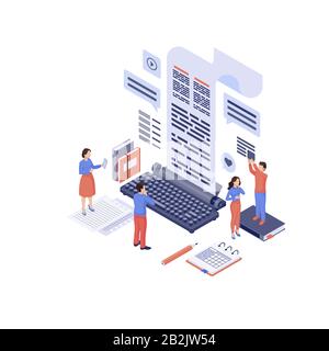 Content marketing isometric vector illustration. Marketers, copywriter create advertising SEO texts, engaging content isolated 3d concept on white Stock Vector