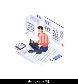 Copywriting & content marketing isometric illustration. Home based copywriter, content writer, freelancer. SMM manager, digital marketer create Stock Vector