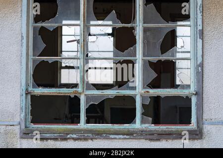 dereliction and broken windows at site of former Killearn Hospital, Killearn, Stirlingshire, Scotland, UK Stock Photo