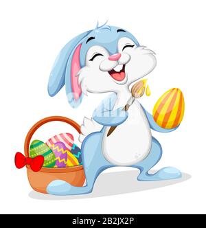 Easter rabbit with colored egg. Funny Easter bunny cartoon character. Stock vector Stock Vector