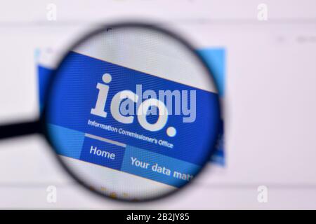 NY, USA - FEBRUARY 29, 2020: Homepage of ico org website on the display of PC, url - ico.org.uk. Stock Photo