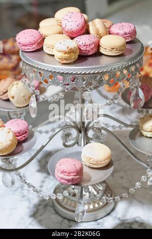 Close-up of macaroons on cake stand Stock Photo